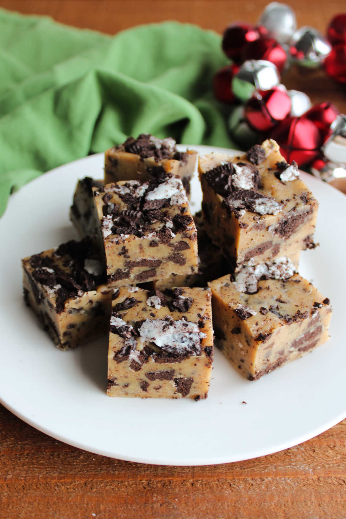 Plate filled with pieces of homemade peanut butter Oreo fudge, ready to be served. 