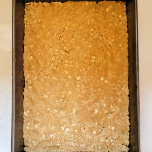 Grandma's Pumpkin Pie Bars 12 Brown sugar oat mixture pressed into a 9x13 inch pan, ready to be baked.