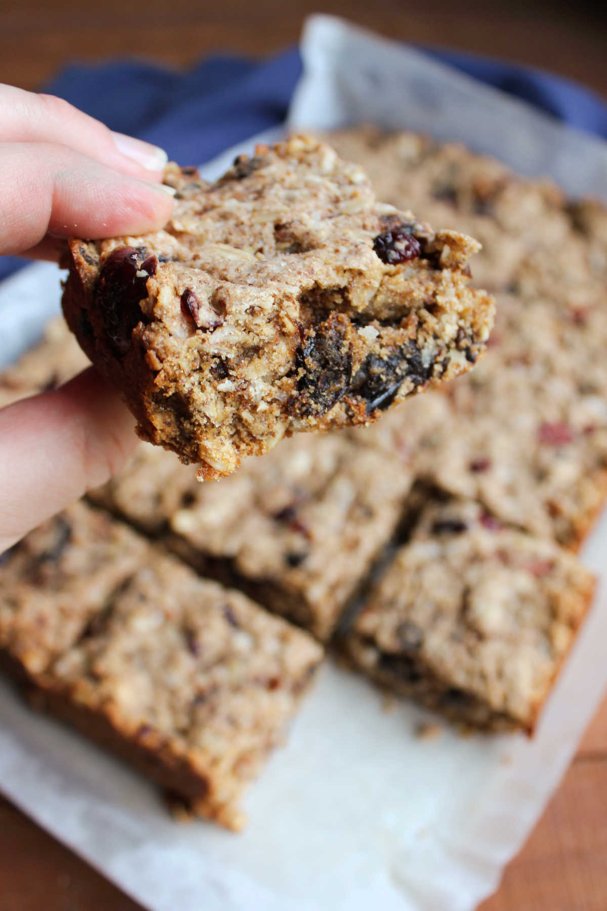 Hand holding a trail mix bar showing lots of prunes, dates, and craisins in oat and coconut base with nuts throughout. 