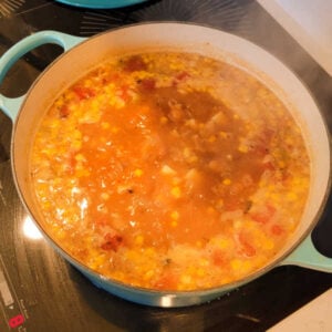 Simmering pot of stew with rabbit stock, bbq sauce, tomatoes, potatoes, corn etc.